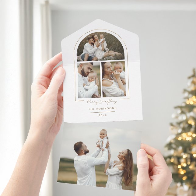 Invitation Tout En Un Arche minimale élégante en ligne or 3 photos (Créateur téléchargé)