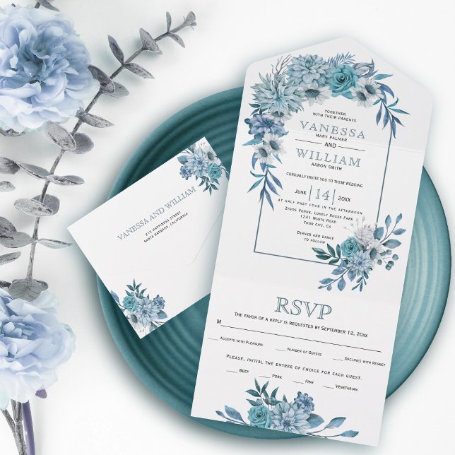 Invitation Tout En Un Arche turquoise, fleurs bleu aqua, mariage feuille (Créateur téléchargé)