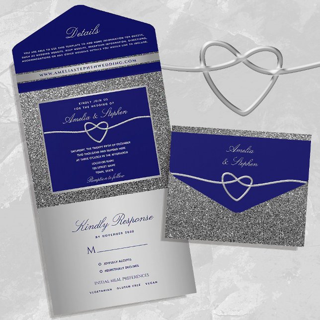 Invitation Tout En Un Argent chic et Mariage bleu royal (Créateur téléchargé)