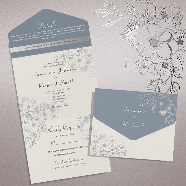 Invitation Tout En Un Argent floral et Mariage bleu poussiéreux (Créateur téléchargé)