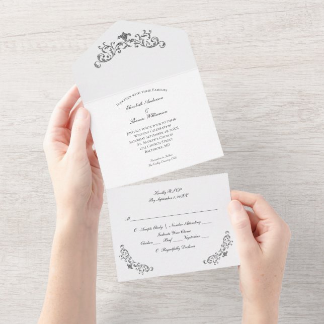 Invitation Tout En Un Argent Noir Blanc Flourish Ornate Mariage officiel (Déchirure)