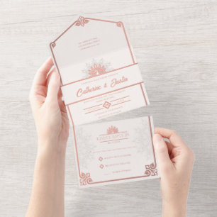 Invitation Tout En Un Art déco moderne Peacock Rose rose Mariage