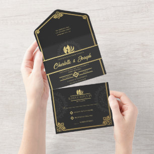 Invitation Tout En Un Art Déco moderne Swan Gold et Mariage noir