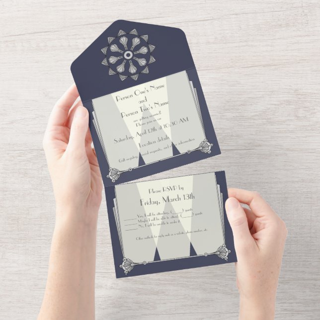 Invitation Tout En Un Art déco swanky en bleu (Déchirure)