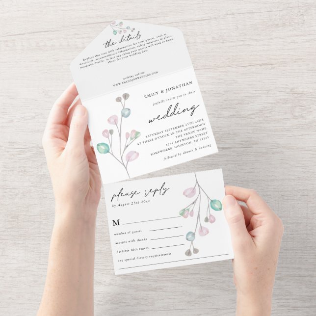 Invitation Tout En Un Art moderne Pastel Feuille rose Turquoise Mariage (Déchirure)