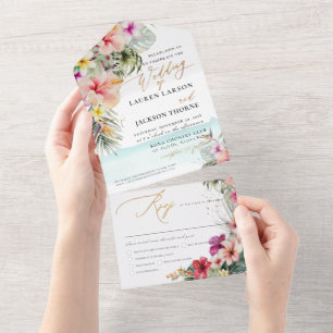 Invitation Tout En Un ArtsApp Élégant Paradis Tropical Faux Or Accent