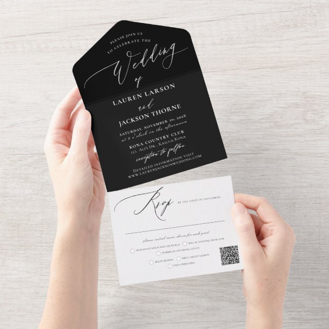 Invitation Tout En Un ArtsApp élégante calligraphie noir blanc Mariage (Déchirure)