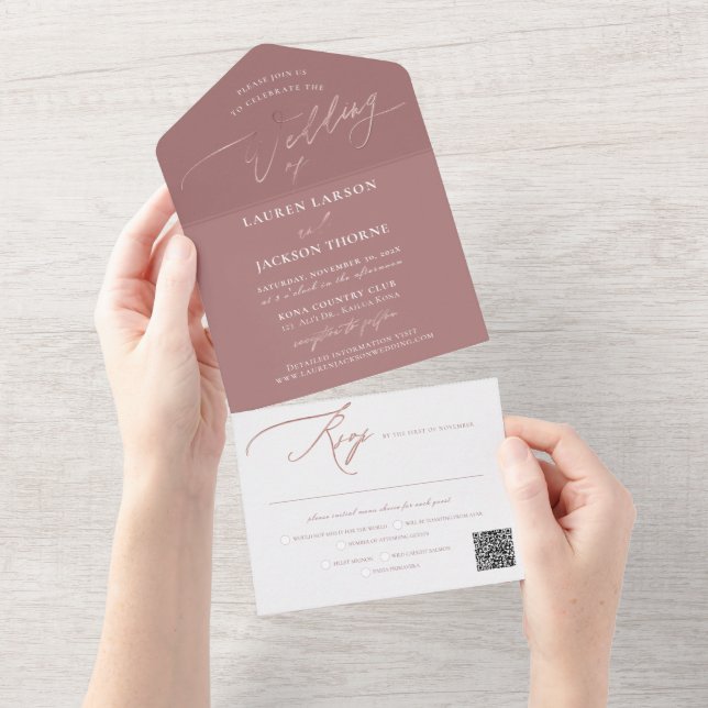 Invitation Tout En Un ArtsApp Faux Rose Gold Calligraphie Dusty Rose (Déchirure)