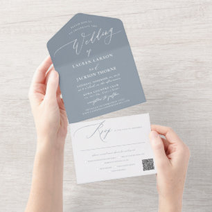 Invitation Tout En Un ArtsApp Moderne Calligraphie Dusty Mariage bleu