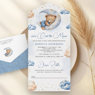 Invitation Tout En Un Au-dessus de la lune couchant Baby shower bleu our