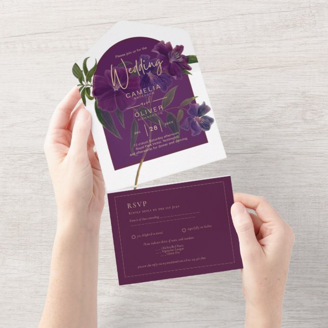 Invitation Tout En Un Aubergine Prune Pourpre Floral Vert Forêt Mariage (Déchirure)