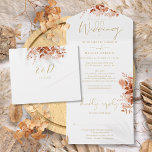Invitation Tout En Un Automne automne Floral Gold Détails RSVP Mariage<br><div class="desc">Le tout dans un faire-part de mariage avec des fleurs rustiques automne et élégant script de calligraphie or typographie. L'invitation comprend des informations supplémentaires sur l'invité et une carte RSVP perforée qui peut être adressée individuellement ou laissée en blanc pour que vous puissiez écrire à la main les informations d'adresse...</div>
