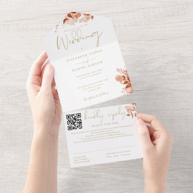 Invitation Tout En Un Automne Automne Floral QR Code Gold Mariage (Déchirure)