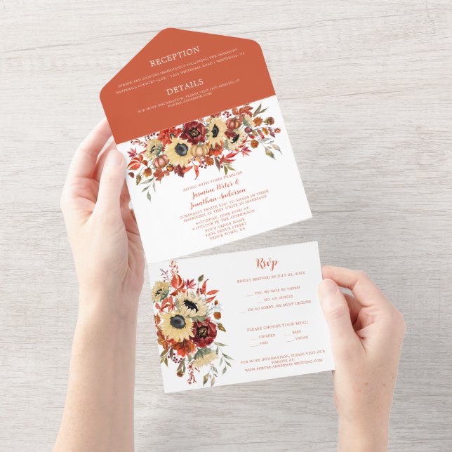 Invitation Tout En Un Automne Boho Florals Sunflowers Mariage (Déchirure)