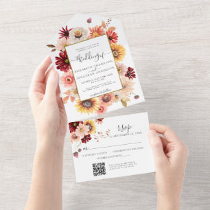 Invitation Tout En Un Automne Bourgogne Dahlia Floral Or QR RSVP Mariage