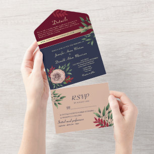 Invitation Tout En Un Automne Bourgogne Navy Seal et Envoyez Mariage