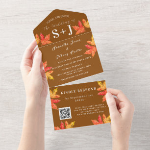 Invitation Tout En Un Automne Feuilles Terracotta QR Code Mariage RSVP