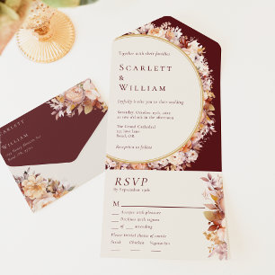 Invitation Tout En Un Automne Floral Bourgogne Menu Choix RSVP Mariage