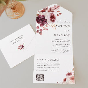 Invitation Tout En Un Automne Romance Aquarelle Florale Mariage QR Code