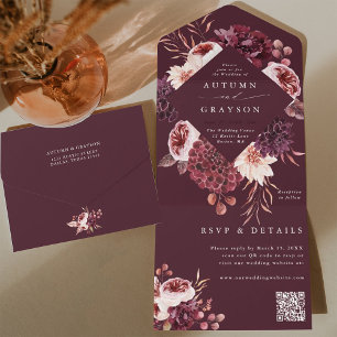 Invitation Tout En Un Automne Romance Bourgogne Floral Mariage QR Code