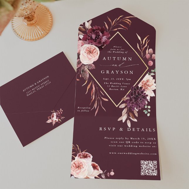 Invitation Tout En Un Automne Romance Gold Mariage géométrique QR Code (Inside & Back)