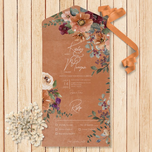 Invitation Tout En Un Automne Rouille Rustique & Vin Dîner De Rouille Fl (Also available with a QR code or without dinner selection options.)