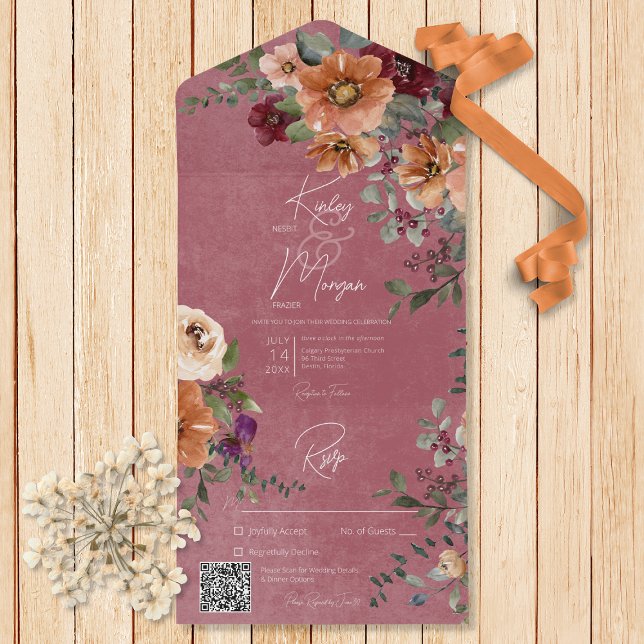 Invitation Tout En Un Automne Rouille Rustique & Vin Floral Vin QR Code (Also available without a QR code and with or without dinner selection options.)