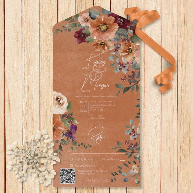 Invitation Tout En Un Automne Rouille Rustique & Vin Rouille Florale Cod (Also available without a QR code and with or without dinner selection options.)
