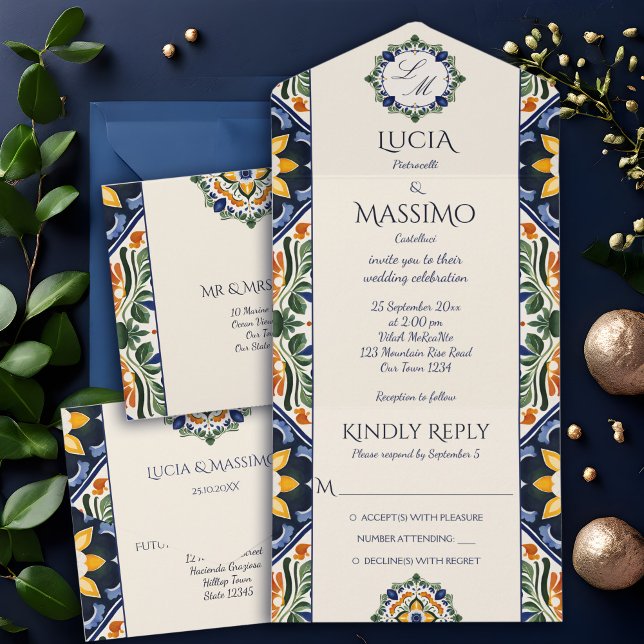 Invitation Tout En Un Azulejo bleu Talavera vintage mariage mexicain (Azulejo Talavera blue tiles vintage Mexican monogram elegant wedding All In One Invitation card )