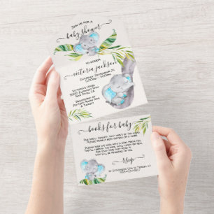 Invitation Tout En Un Baby Boy Jungle Elephant Baby shower