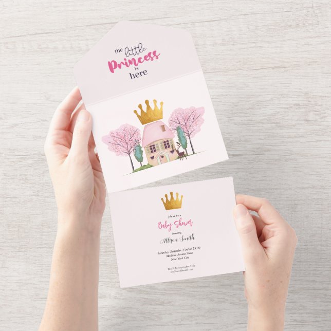 Invitation Tout En Un Baby Girl Rose Fairy Castle Princess Baby shower (Déchirure)