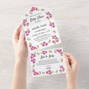 Invitation Tout En Un Baby shower à papillons tropicaux d'Orchidées
