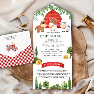 Invitation Tout En Un Baby Shower Animaux de Ferme Mignons Cour de Grang