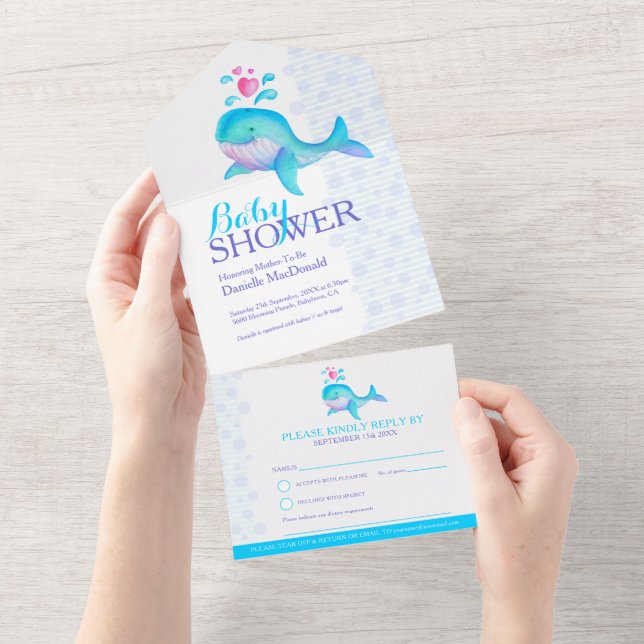 Invitation Tout En Un Baby shower aquarelle baleine bleu aqua (Déchirure)