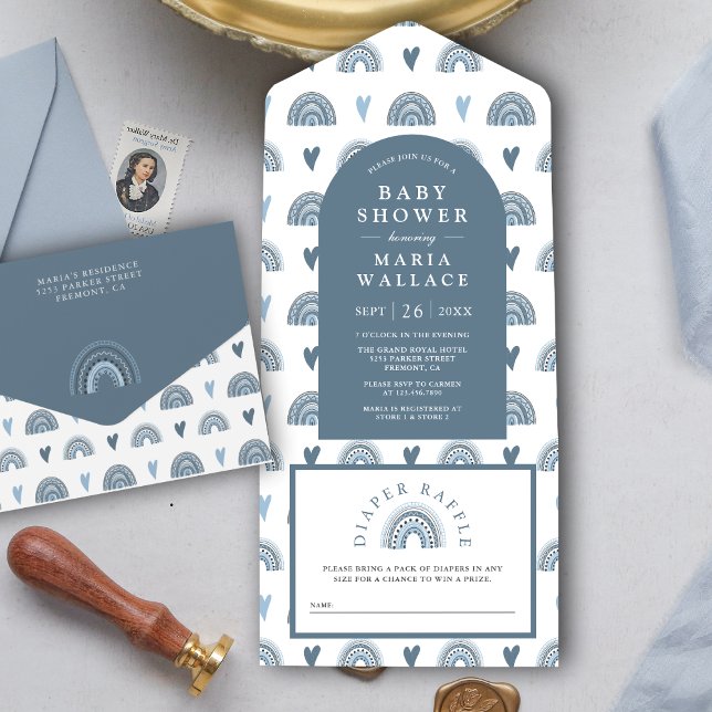 Invitation Tout En Un Baby shower arc-en-ciel Blue Arch Boho (Créateur téléchargé)