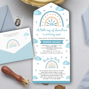 Invitation Tout En Un Baby shower arc-en-ciel Little Sunshine Blue Boho
