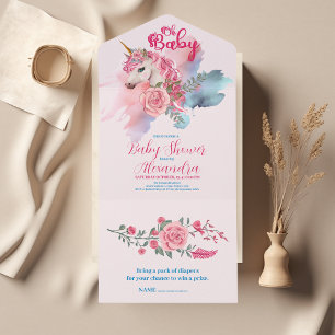 Invitation Tout En Un Baby shower arc-en-ciel magique Unicorn