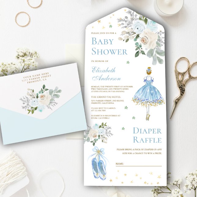 Invitation Tout En Un Baby shower Ballerina Floral Bleu et Or (Créateur téléchargé)