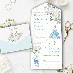 Invitation Tout En Un Baby Shower Ballerine Fleurs Bleu et Or