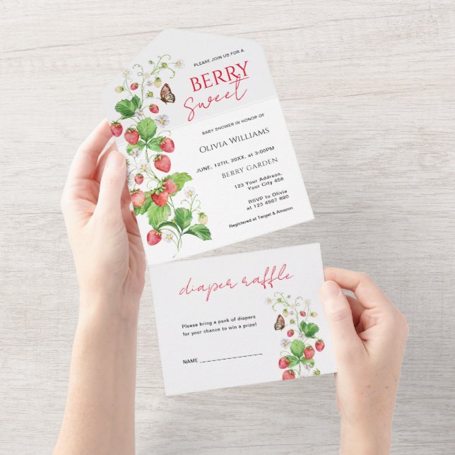 Invitation Tout En Un Baby shower Berry Sweet Strawberry (Déchirure)