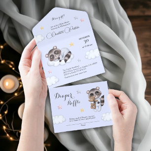 Invitation Tout En Un Baby shower bleu doux pour bébé garçon Raccoon