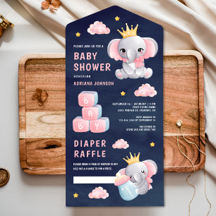Invitation Tout En Un Baby shower bleu marine de la reine rose Eléphant