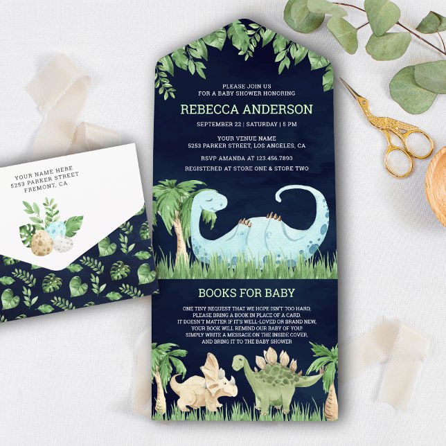 Invitation Tout En Un Baby shower bleu marine Dinosaur couchage mignon (Créateur téléchargé)