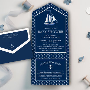 Invitation Tout En Un Baby shower bleu marine Elégant marine moderne