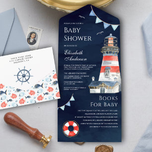 Invitation Tout En Un Baby shower bleu marine rustique