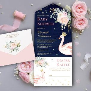 Invitation Tout En Un Baby shower bleu rose floral cygne princesse marin
