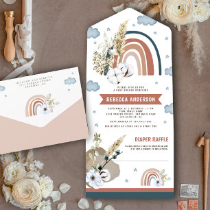Invitation Tout En Un Baby Shower Bohème Arc-en-Ciel Pampas Rustique