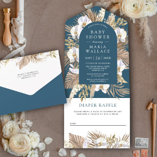 Invitation Tout En Un Baby Shower Bohème Fleur d'Orchidée Blanche Pampa