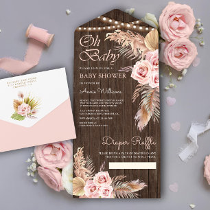 Invitation Tout En Un Baby Shower Bohème Herbe de Pampa Rose Poussiéreus