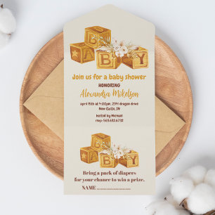 Invitation Tout En Un Baby shower Boho Neutral Wood Block Lettres